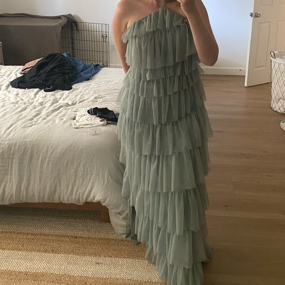 Revelry One-Shoulder Ruffle Dress in Soft Green